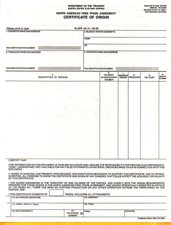 Blank Form a Certificate of Origin